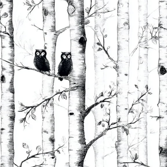 Peel and Stick Wallpaper 23.6in x 9.8ft Owls Birch Trees Black White Sketch Style Contact Paper Vinyl Self-Adhesive Removable Wall Paper for Bedroom DIY Home Decor Renter Friendly