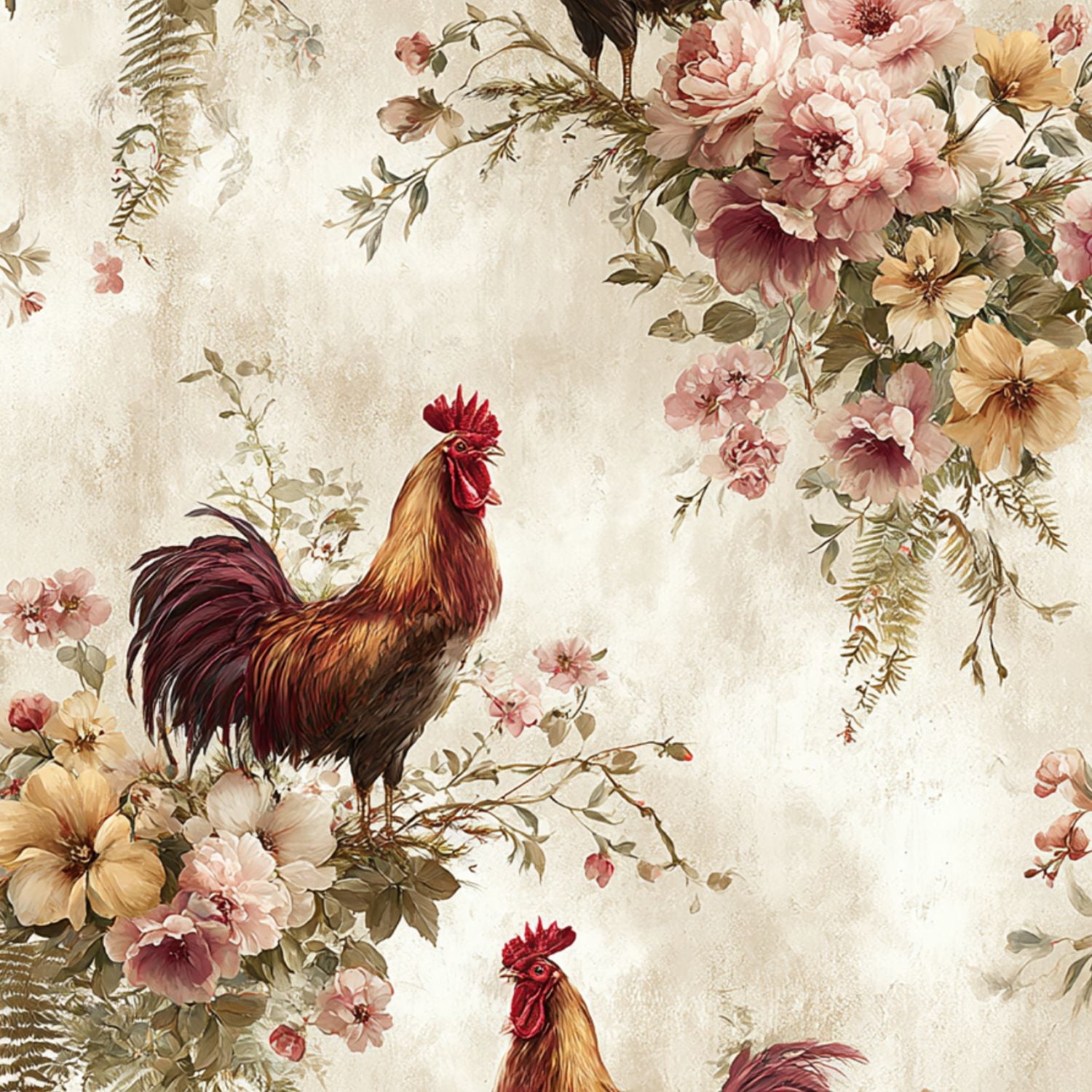 Peel and Stick Wallpaper 23.6in x 9.8ft Rustic Country Inspired Roosters Flowers Vines Farmhouse Contact Paper Vinyl Waterproof Self Adhesive Wall Paper for Bedroom Shelf Cabinet Renter Friendly