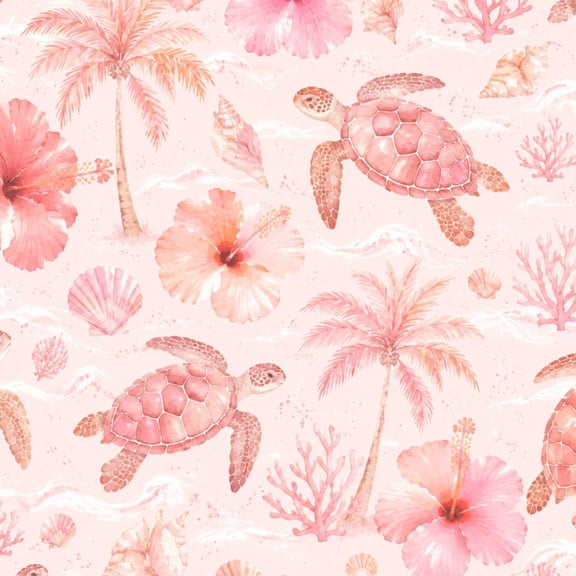 Peel and Stick Wallpaper 23.6in x 9.8ft Seamless Pink Sea Turtles Hibiscus Flowers Palm Trees Seashells Contact Paper Vinyl Waterproof Self Adhesive Wall Paper for Bedroom Nursery