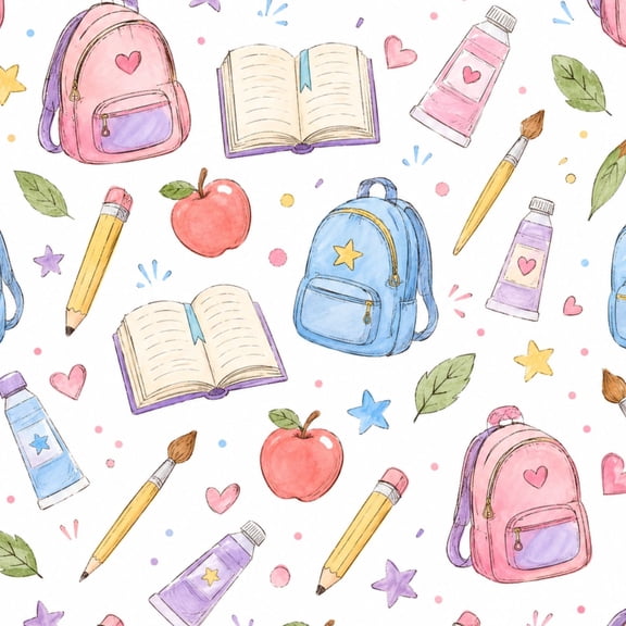 Peel and Stick Wallpaper 23.6in x 9.8ft Seamless Watercolor School Supplies Backpacks Apples Contact Paper Vinyl Waterproof Self Adhesive Wall Paper for Classroom Shelf Cabinet Renter Friendly