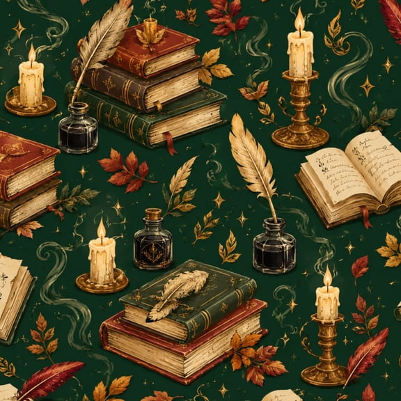 Peel and Stick Wallpaper 23.6in x 9.8ft Vintage Book Quill Candles Green Contact Paper Vinyl Waterproof Self Adhesive Wall Paper for Bedroom Shelf Cabinet Renter Friendly