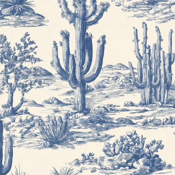 Peel and Stick Wallpaper 23.6in x 9.8ft Vintage Desert Cactus Blue White Style Contact Paper Vinyl Self-Adhesive Removable Wall Paper for Bedroom DIY Home Decor Renter Friendly