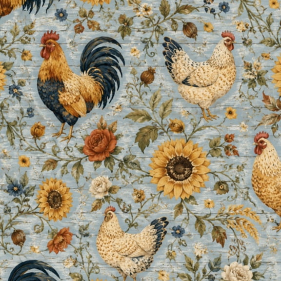 Peel and Stick Wallpaper 23.6in x 9.8ft Vintage Rooster Sunflower Floral Accents Blue Farmhouse Contact Paper Vinyl Waterproof Self Adhesive Wall Paper for Bedroom Shelf Cabinet Renter Friendly