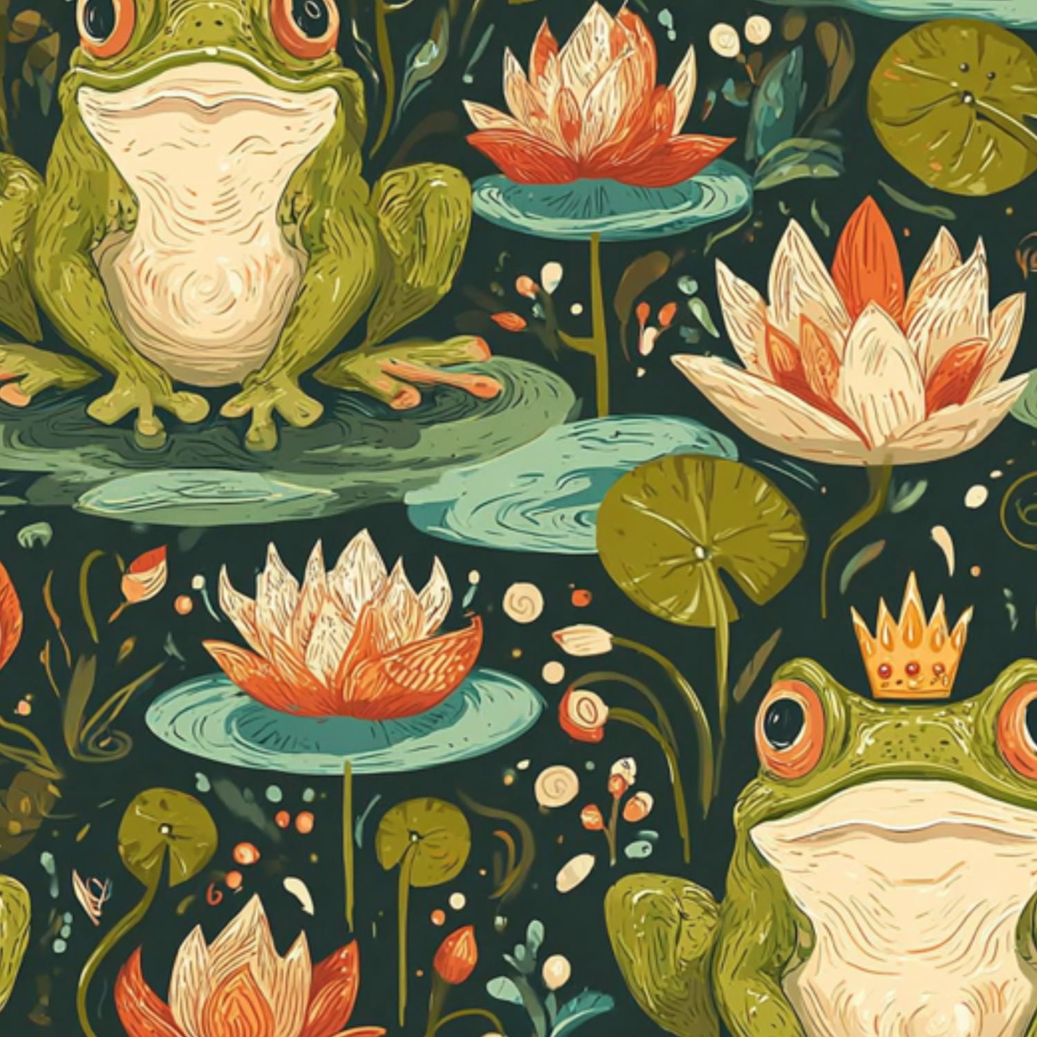 Peel and Stick Wallpaper 23.6in x 9.8ft Whimsical Frogs Water Lilies Crown Botanical Contact Paper Vinyl Self-Adhesive Removable Wall Paper for Bedroom Kitchen Cabinet Décor Renter Friendly