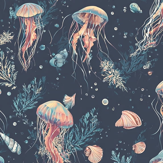 Peel and Stick Wallpaper 23.6in x 9.8ft Whimsical Jellyfish Seashells Deep Sea Ocean marine life Contact Paper Vinyl Waterproof Self Adhesive Wall Paper for Bedroom Shelf Cabinet Renter Friendly