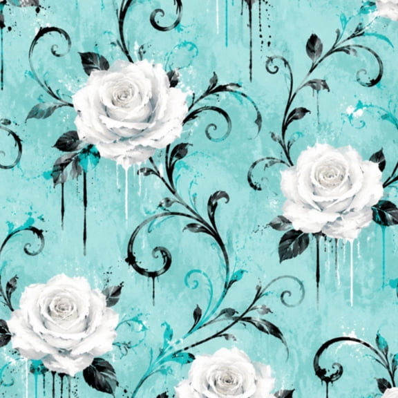 Peel and Stick Wallpaper 23.6in x 9.8ft White Rose Black Swirls Turquoise Dripping Fence Contact Paper Vinyl Waterproof Self Adhesive Wall Paper for Bedroom Shelf Cabinet Renter Friendly