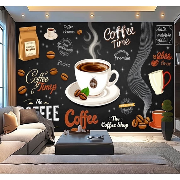 Peel and Stick Wallpaper 3D Coffee Cartoon Cafe Shop Restaurant Coffee Cup Coffee Beans Coffee Modern Art Wall Mural Decor Self Adhesive and Removable 100in x 144in