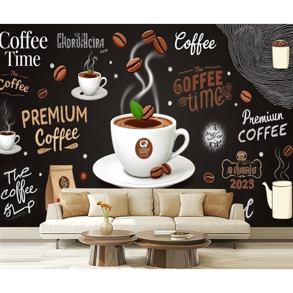 Peel and Stick Wallpaper 3D Coffee Cartoon Cafe Shop Restaurant Coffee Cup Coffee Beans Coffee Modern Art Wall Mural Decor Self Adhesive and Removable 69in x 98in