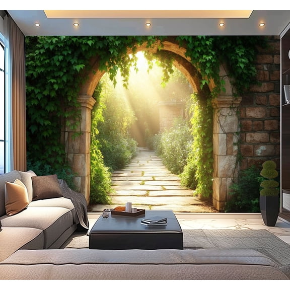 Peel and Stick Wallpaper 3D Effect Photo Print Picture Nature Pergola Stone Arch Green Ivy Modern Art Wall Mural Decor Self Adhesive and Removable 100in x 144in