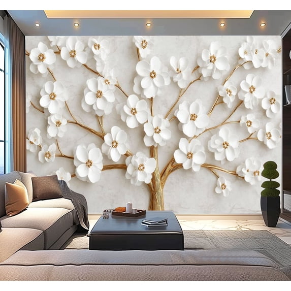 Peel and Stick Wallpaper 3D Floral White Flower Tree Wall Mural Bedroom Living Room Dining Room Modern Art Wall Mural Decor Self Adhesive and Removable 100in x 144in