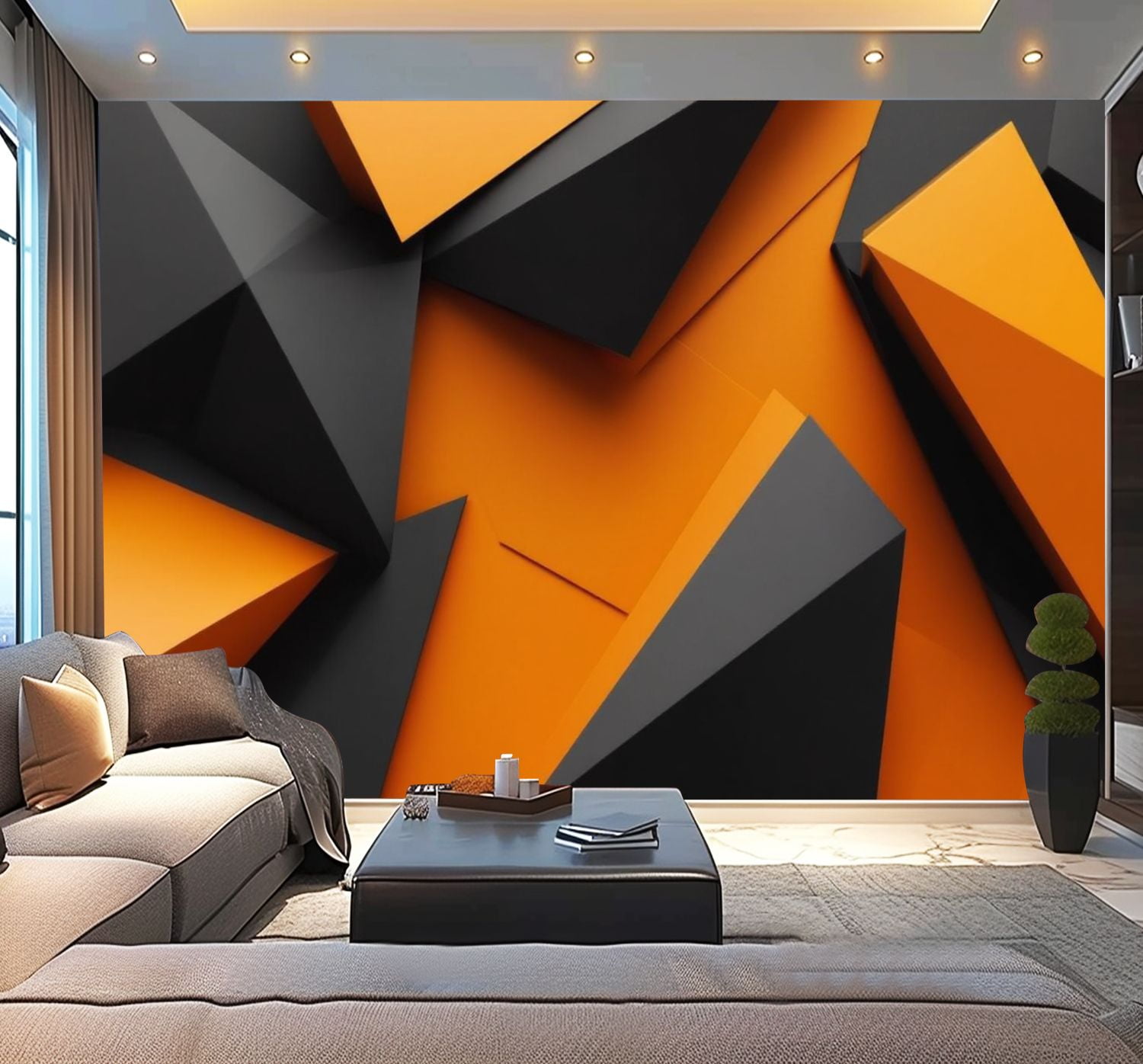 Peel and Stick Wallpaper 3D Geometry Abstract Triangles Sharp Edges Black Orange Color Schema Modern Art Wall Mural Decor Self Adhesive and Removable 100in x 144in