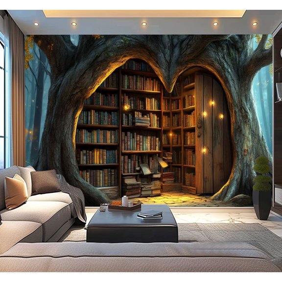 Peel and Stick Wallpaper 3D Modern Bioluminescent Mushroom Lit Fantasy Library Tree Library Modern Art Wall Mural Decor Self Adhesive and Removable 100in x 144in