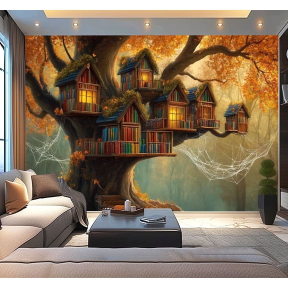 Peel and Stick Wallpaper 3D Modern Forest Nooks Library Art Print Treehouses Bookshelves Webs Modern Art Wall Mural Decor Self Adhesive and Removable 100in x 144in