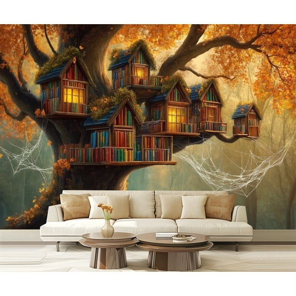 Peel and Stick Wallpaper 3D Modern Forest Nooks Library Art Print Treehouses Bookshelves Webs Modern Art Wall Mural Decor Self Adhesive and Removable 69in x 98in