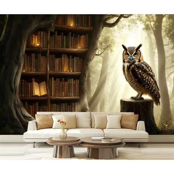 Peel and Stick Wallpaper 3D Modern Medieval Forest Art Alan Inspired Bookshelf Tree Trunk Owl Modern Art Wall Mural Decor Self Adhesive and Removable 69in x 98in
