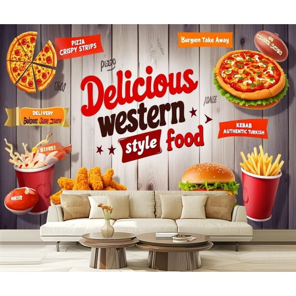 Peel and Stick Wallpaper 3D Mural Hand Painted Fried Chicken Western Restaurant Pizza Burgers Modern Art Wall Mural Decor Self Adhesive and Removable 69in x 98in