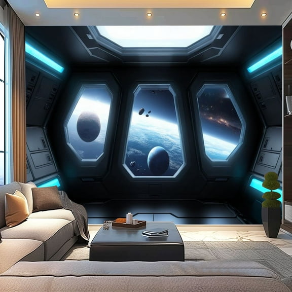 Peel and Stick Wallpaper 3D Spacecraft Kids Room Spaceship Interior Hexagonal Light Panels View Modern Art Wall Mural Decor Self Adhesive and Removable 100in x 144in