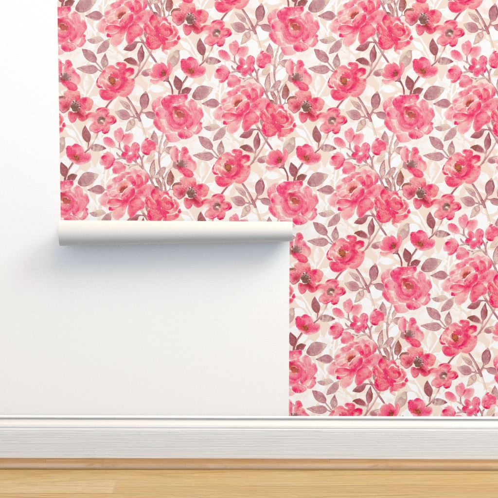 Peel & Stick Wallpaper 3ft x 2ft - Watercolor Bloom Pink On Cream Extra ...