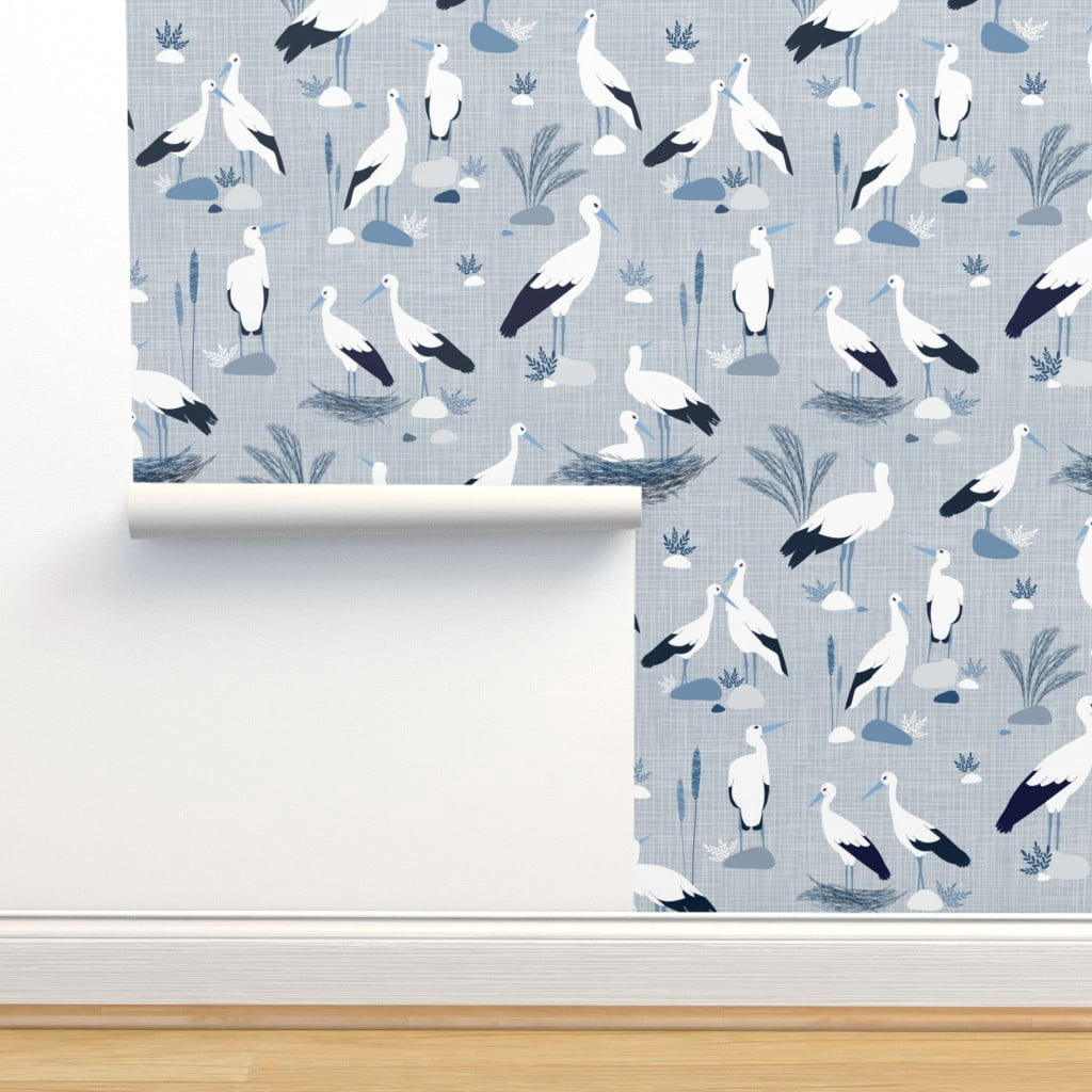Peel & Stick Wallpaper 9ft x 2ft Blue Nature Grey Birds Elegant