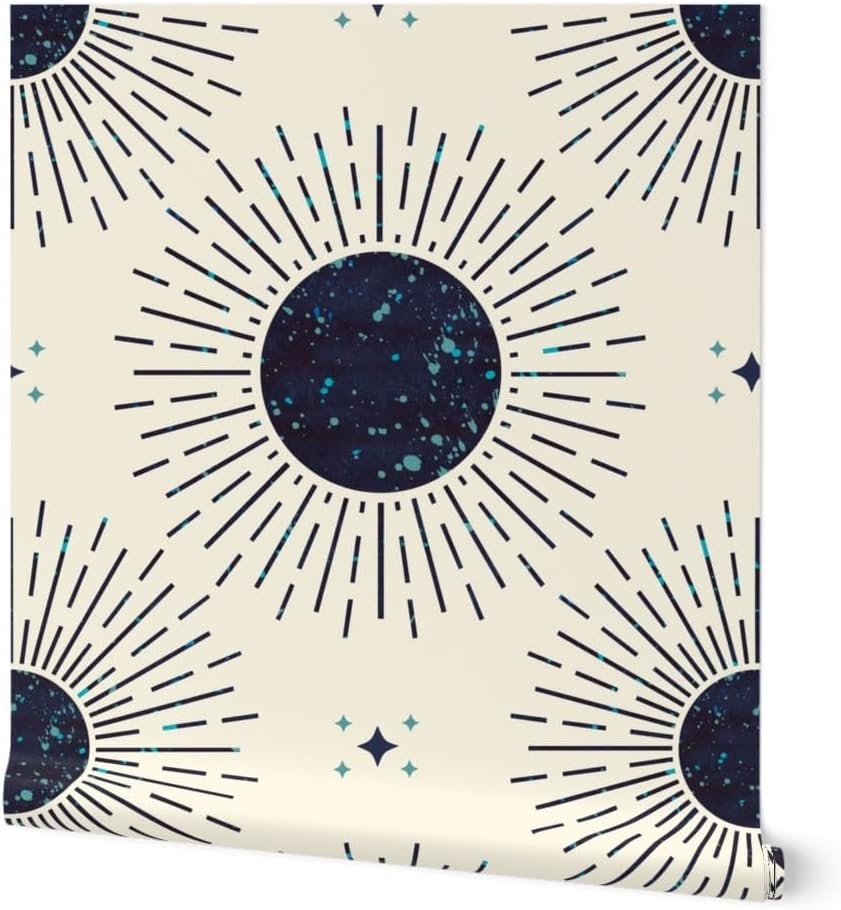 Peel & Stick Wallpaper 9ft x 2ft - Boho Bursts Blue Stars Sun Galaxy Space Ivory Custom Removable Wallpaper by Spoonflower