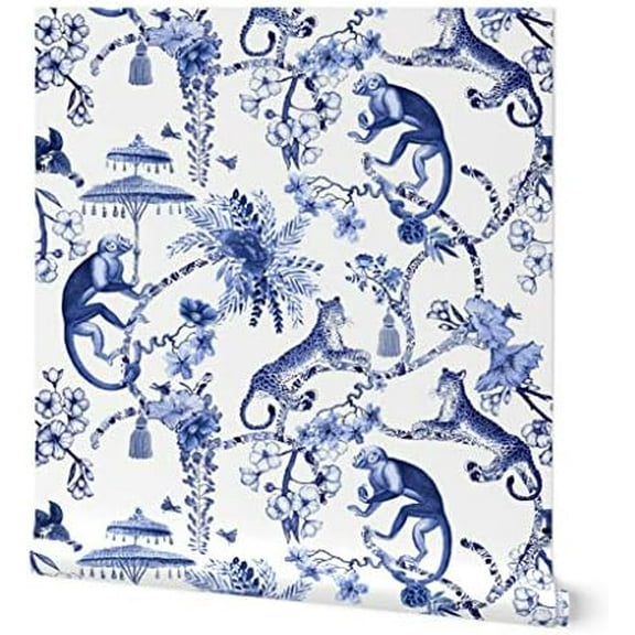 Peel & Stick Wallpaper 9ft x 2ft - Chinoiserie Blue White Flowers Floral Branches Monkey Leopard Umbrella  Removable Wallpaper by