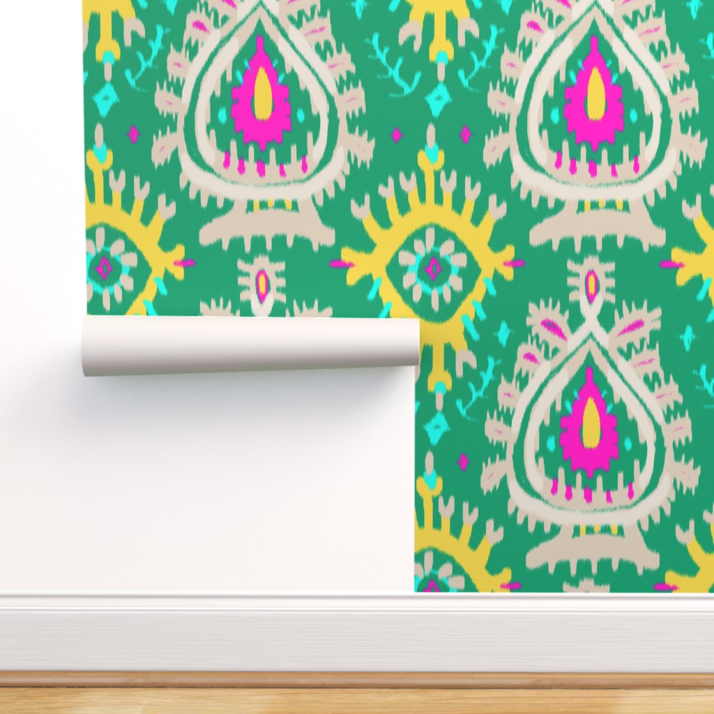 Peel & Stick Wallpaper 9ft x 2ft - Emerald Ikat Green Abstract Custom