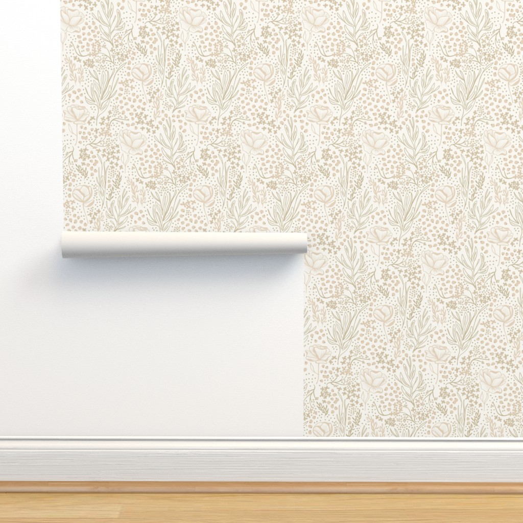 Peel & Stick Wallpaper 9ft x 2ft Neutral Flowers Ditsy Beige Floral Hand Drawn Line Art Custom