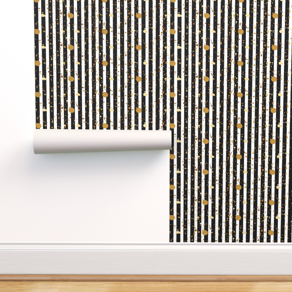 Peel & Stick Wallpaper 9ft x 2ft Stripes & Splatter Gold Black White