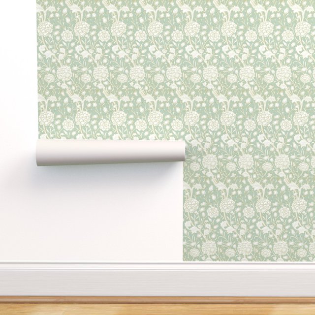 Peel & Stick Wallpaper 9ft x 2ft Wild Green Floral Antique Jade Arts