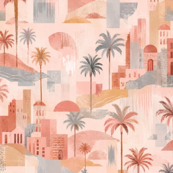 Peel and Stick Wallpaper Abstract Cityscape Palm Trees Soft Color Wall Mural 17.7in x 9.8ft Self Adhesive Removable Wall Paper Renter Friendly Wallpaper for Bedroom