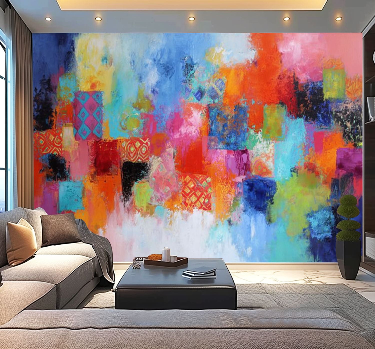 Peel and Stick Wallpaper Abstract Orange Pink Colorful Yellow Blue Red Texture Bold Strokes Modern Art Wall Mural Decor Self Adhesive and Removable 100in x 144in