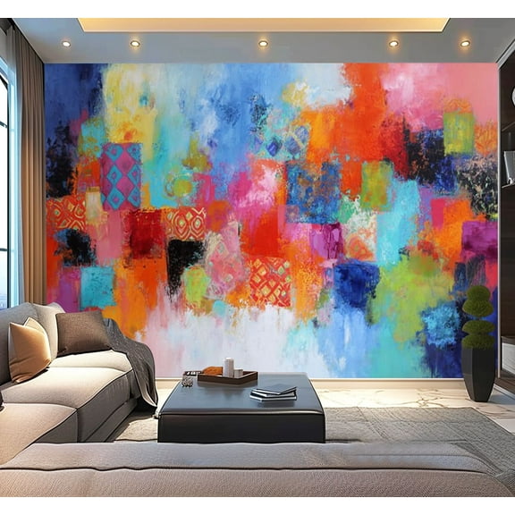 Peel and Stick Wallpaper Abstract Orange Pink Colorful Yellow Blue Red Texture Bold Strokes Modern Art Wall Mural Decor Self Adhesive and Removable 100in x 144in