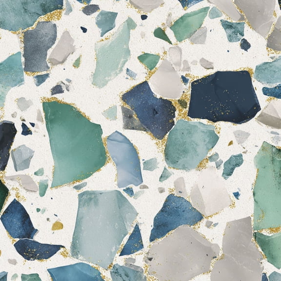 Peel and Stick Wallpaper Abstract Terrazzo Blue Green White Stones Gold Accents Wall Mural 23.6in x 9.8ft Self Adhesive Removable Wall Paper Renter Friendly Wallpaper for Bedroom Kitchen Bathroom