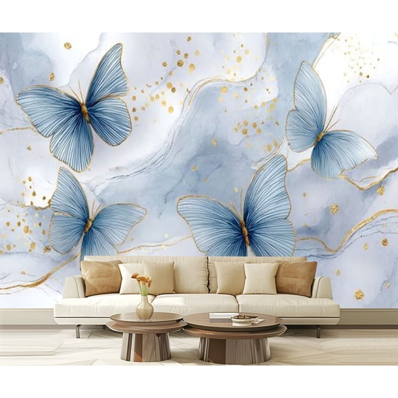 Peel and Stick Wallpaper Abstract Vintage Print Shapes Golden Lines White Blue Butterflies Modern Art Wall Mural Decor Self Adhesive and Removable 69in x 98in
