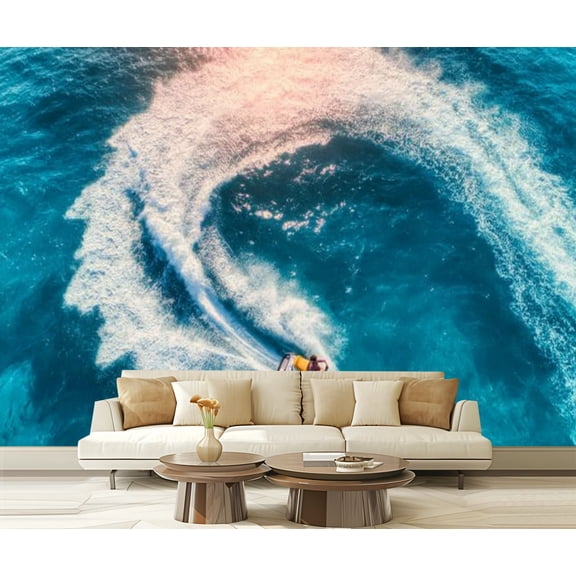 Peel and Stick Wallpaper Aerial view floating water scooter blue water sunny day summer Holiday Modern Art Wall Mural Decor Self Adhesive and Removable 69in x 98in