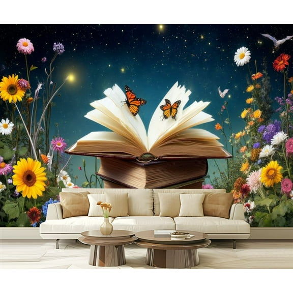 Peel and Stick Wallpaper Aesthetic Floral Plant Magical Book Boho Hippie Flower Butterfly Modern Art Wall Mural Decor Self Adhesive and Removable 69in x 98in