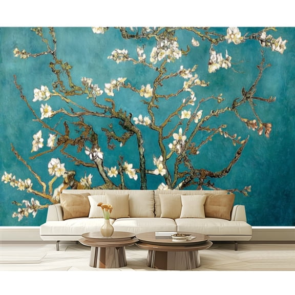 Peel and Stick Wallpaper Almond Blossom Branches White Flowers Turquoise Impressionist Style Modern Art Wall Mural Decor Self Adhesive and Removable 69in x 98in