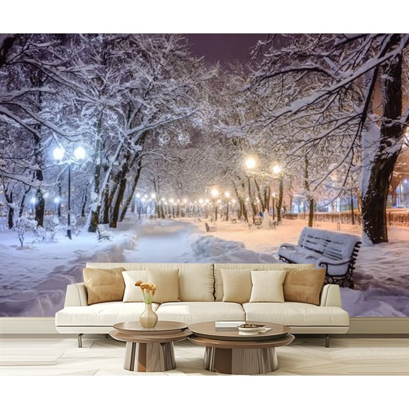 Peel and Stick Wallpaper Amazing winter night landscape snow covered bench among snowy trees Modern Art Wall Mural Decor Self Adhesive and Removable 69in x 98in