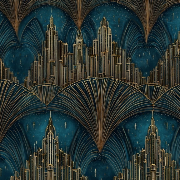 Peel and Stick Wallpaper Art City Skyline Gold Deep Blue Geometric Fan Wall Mural 23.6in x 9.8ft Self Adhesive Removable Wall Paper Renter Friendly Wallpaper for Bedroom Livingroom Office Studio