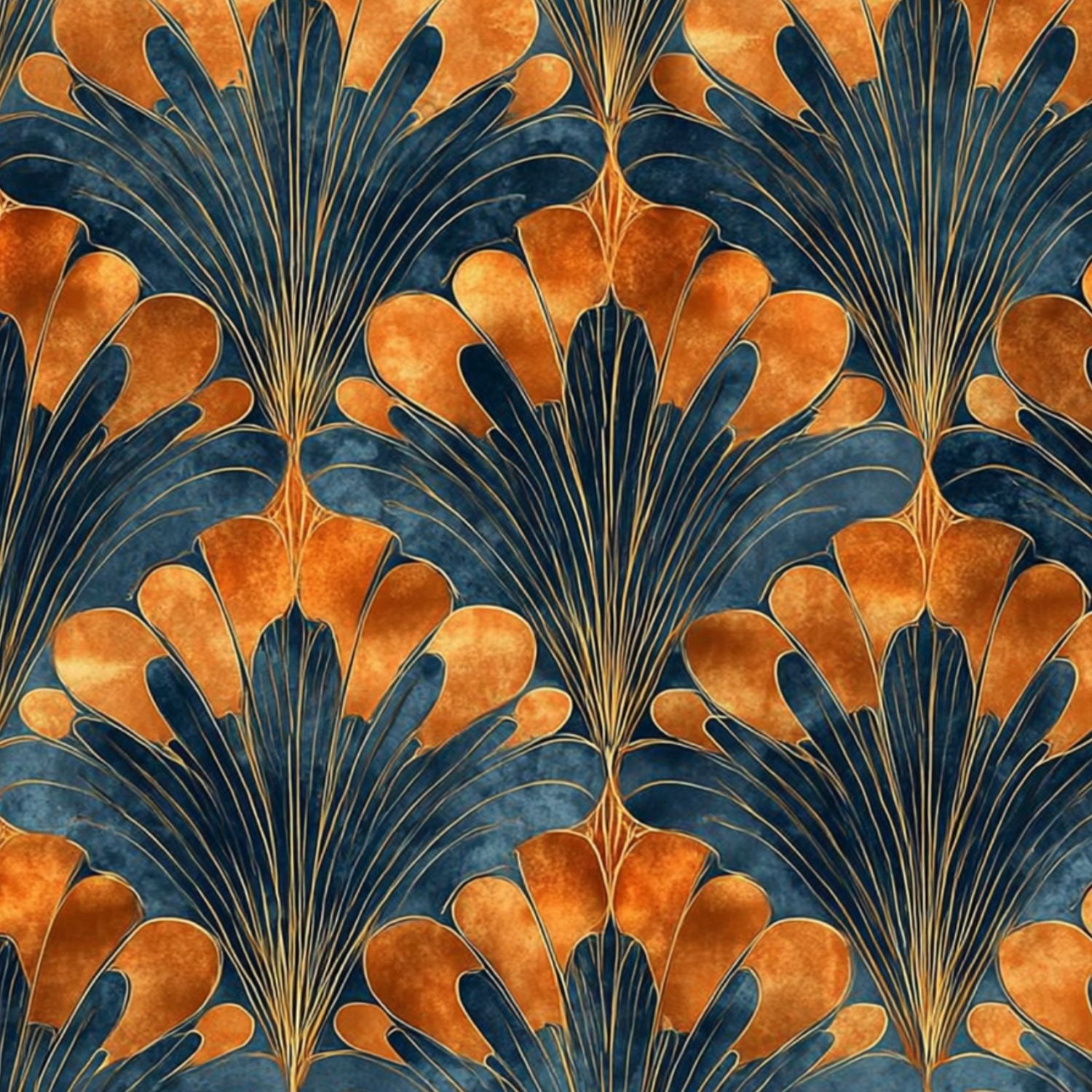 Peel and Stick Wallpaper Art Deco Gold Blue Fan Elegant Detailing Wall Mural 17.7in x 9.8ft Self Adhesive Removable Wall Paper Renter Friendly Wallpaper for Nursery Bedroom Cabinets