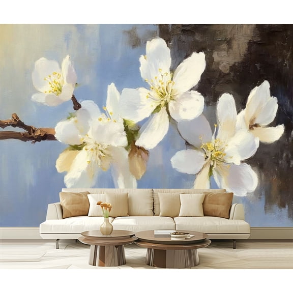 Peel and Stick Wallpaper Artwork White Flowers Cherry Blossoms Tree Branch Delicate Petals Modern Art Wall Mural Decor Self Adhesive and Removable 69in x 98in