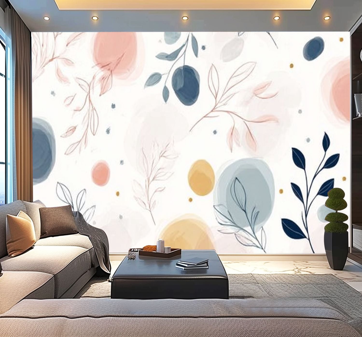 Peel and Stick Wallpaper Astrilde Multicolor Abstract Leaves Curved Branches Small Flowers Modern Art Wall Mural Decor Self Adhesive and Removable 100in x 144in
