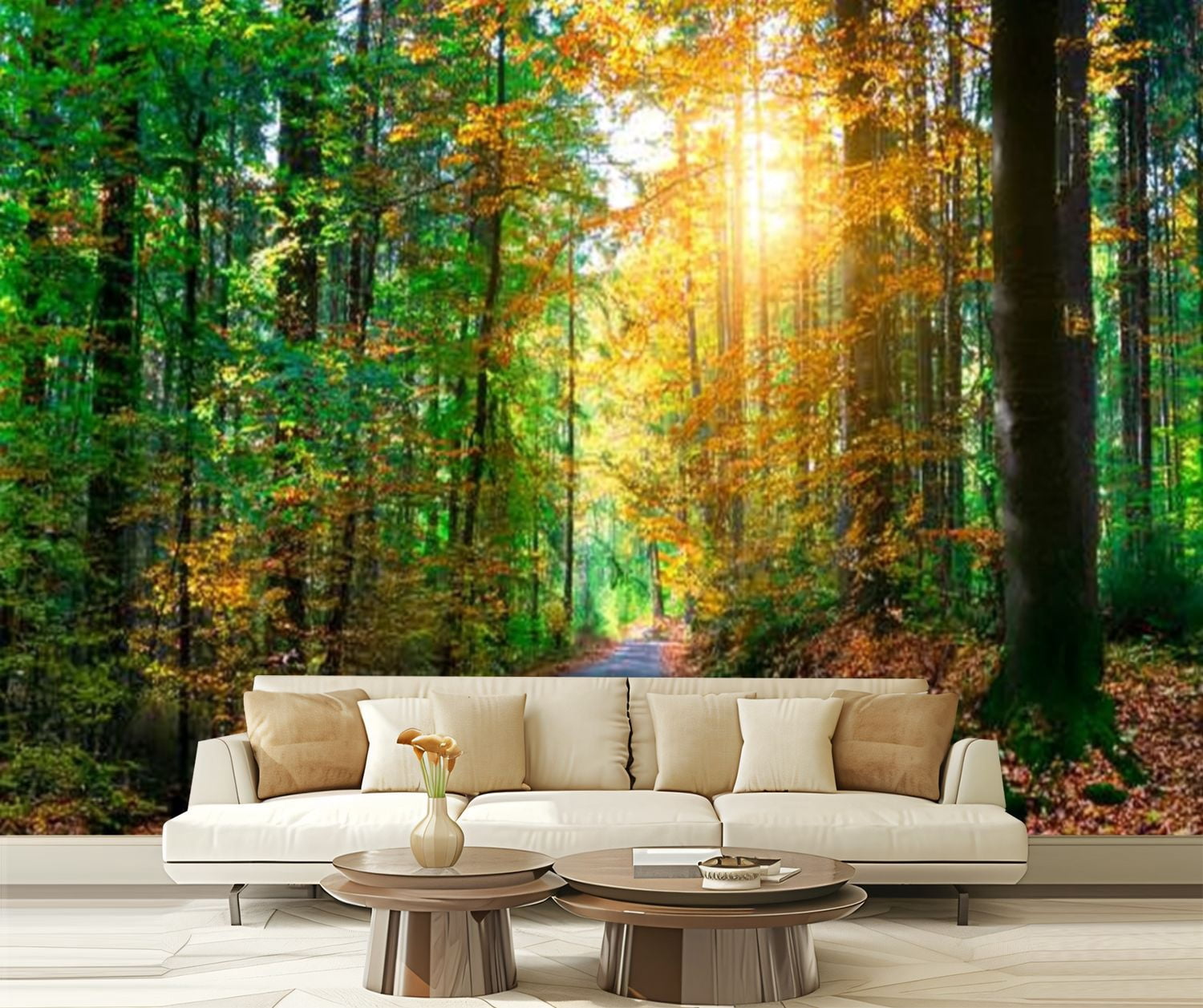 Peel and Stick Wallpaper Autumn forest footpath leading into scene Sunlight rays autumn tree Modern Art Wall Mural Decor Self Adhesive and Removable 69in x 98in