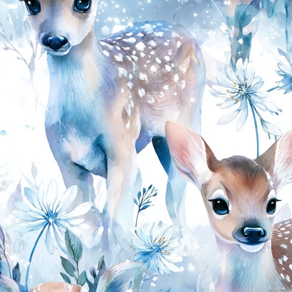 Peel and Stick Wallpaper Baby Deer Fawns Pastel Blue Floral Watercolor Wall Mural 23.6in x 9.8ft Self Adhesive Removable Wall Paper Renter Friendly Wallpaper for Nursery Bedroom Cabinets