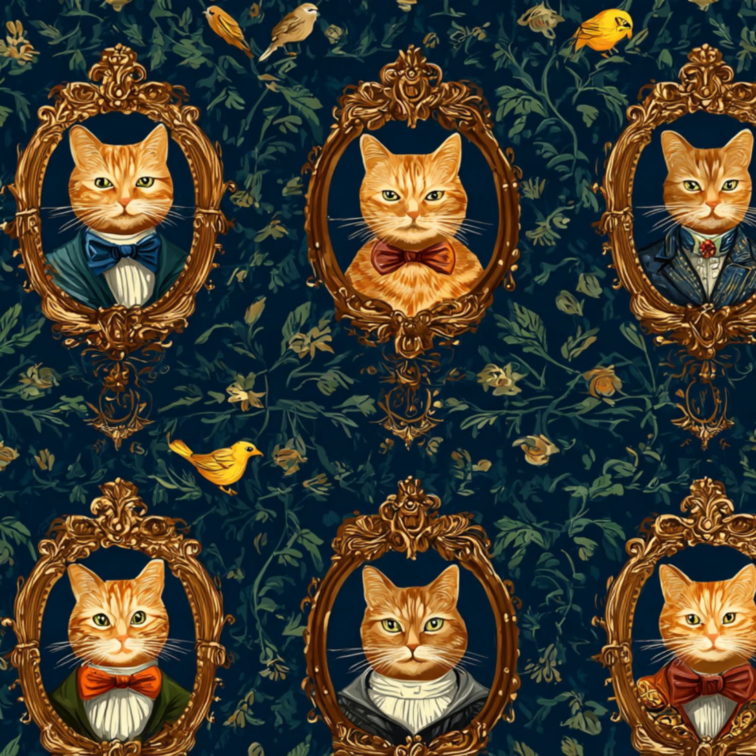 Peel and Stick Wallpaper Baroque Vintage Cat Portraits Floral Frames Bow Ties Wall Mural 23.6in x 9.8ft Self Adhesive Removable Wall Paper Renter Friendly Wallpaper for Nursery Bedroom Cabinets