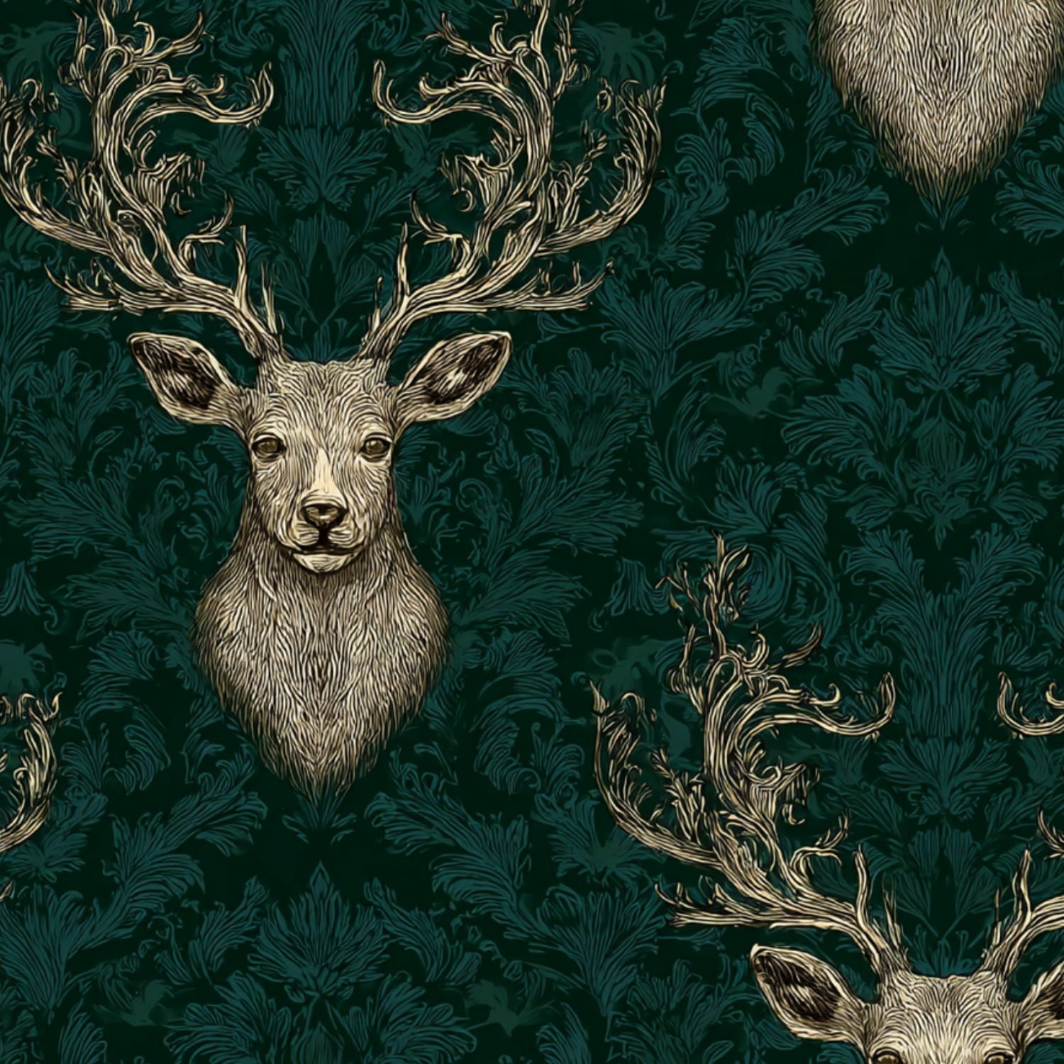 Peel and Stick Wallpaper Baroque Vintage Stag Head Damask Elegant Gold Green Wall Mural 17.7in x 9.8ft Self Adhesive Removable Wall Paper Renter Friendly Wallpaper for Nursery Bedroom Cabinets