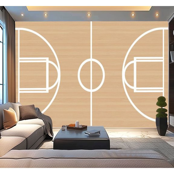 Peel and Stick Wallpaper Basketball Court Wooden Texture Living Room Circular Symmetrical Modern Art Wall Mural Decor Self Adhesive and Removable 100in x 144in