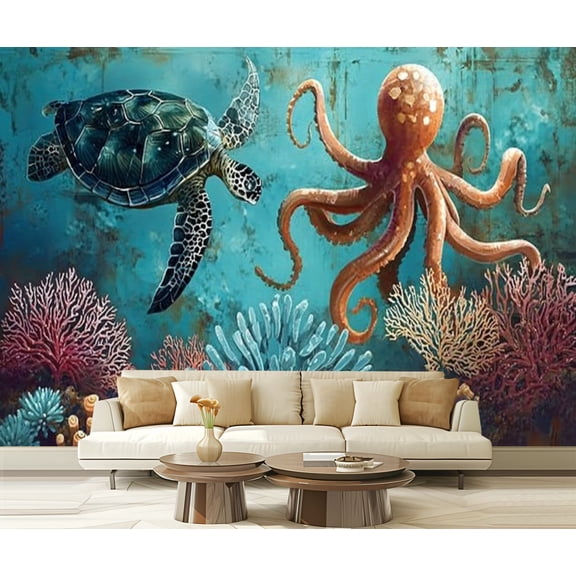 Peel and Stick Wallpaper Beach Decor Ocean Sea Turtle Octopus Coastal Teal Vintage Whale Modern Art Wall Mural Decor Self Adhesive and Removable 69in x 98in