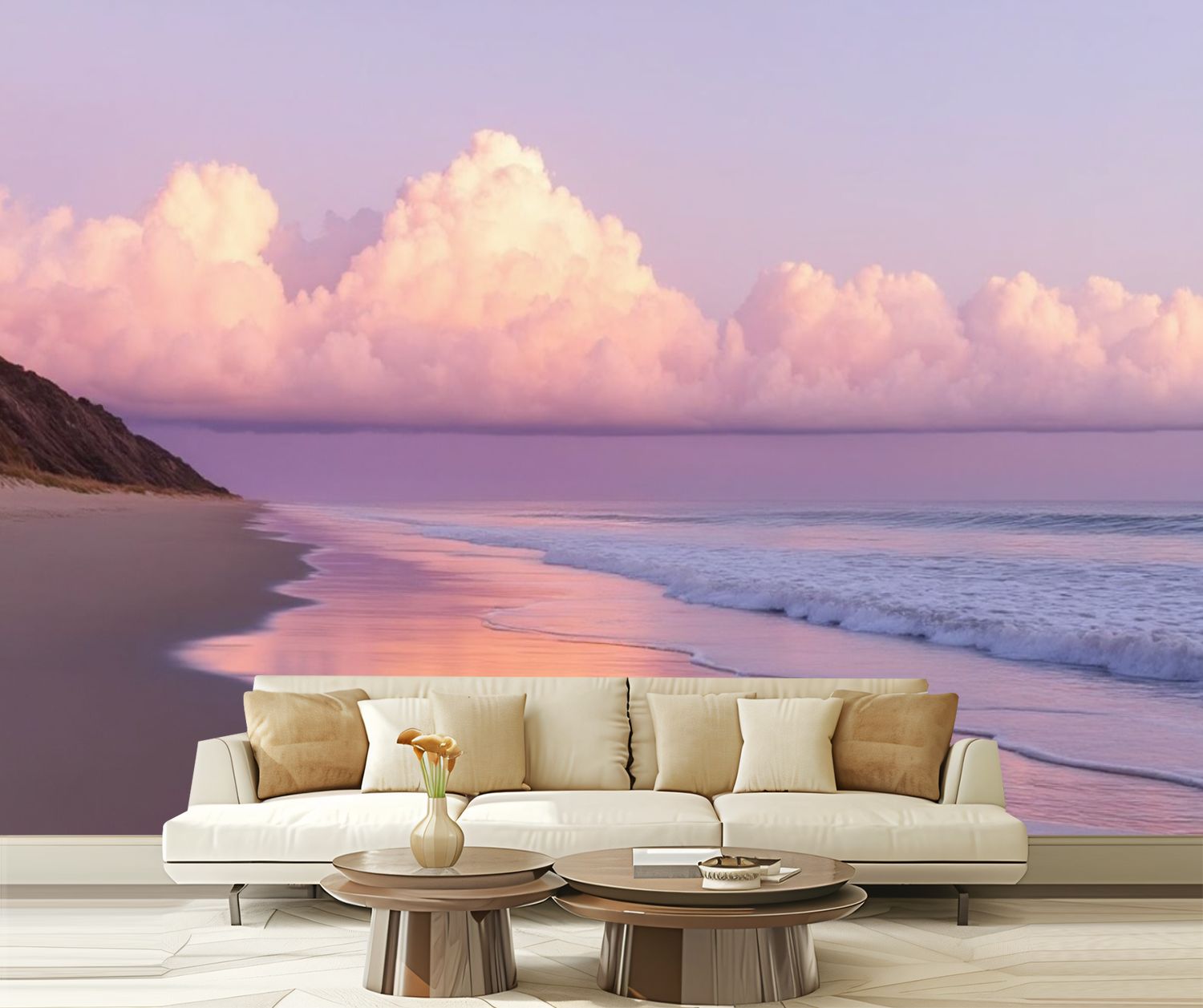 Peel and Stick Wallpaper Beach Pink Clouds Reflective Water Gentle Waves Distant Hills Pink Modern Art Wall Mural Decor Self Adhesive and Removable 69in x 98in