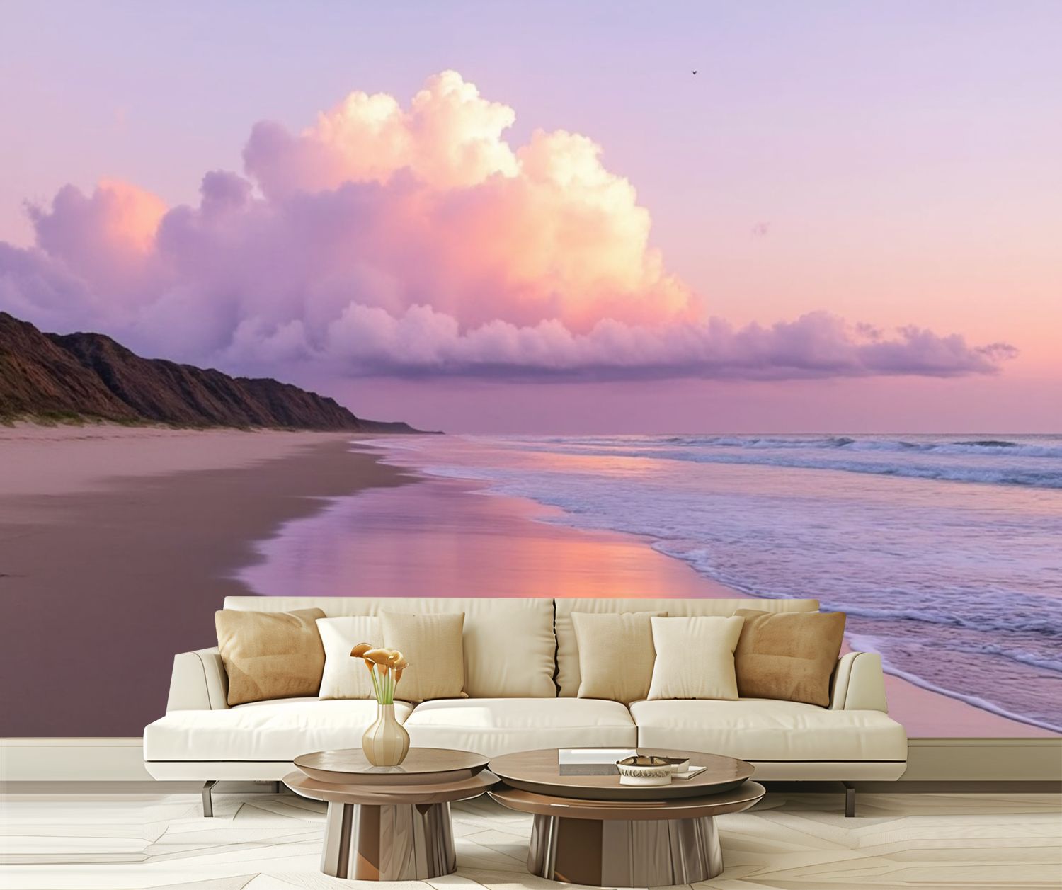 Peel and Stick Wallpaper Beach Pink Clouds Reflective Water Gentle Waves Distant Hills Pink Modern Art Wall Mural Decor Self Adhesive and Removable 69in x 98in